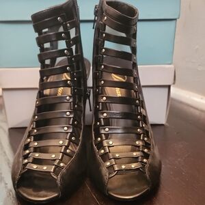 Delman Black Leather Strappy Heels